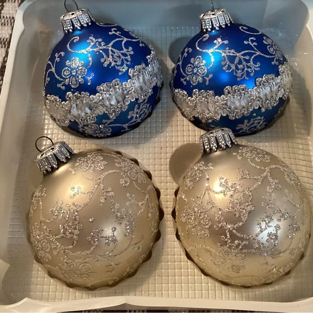 West Germany Blue Silver Glitter & Lace Hand Decorated Christmas Ornaments
